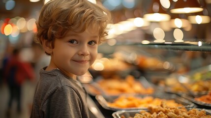 A contented boy and several children at the buffet. Generative Ai.