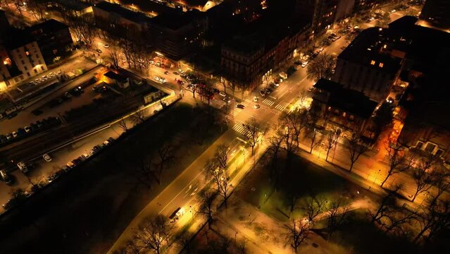 rone view of a night intersection with cars in Milan. Italy, Lombardy