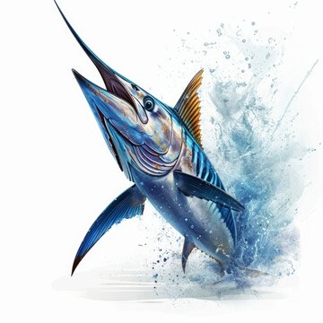 recommend clip art: Detailed illustration of a blue marlin swordfish jumping out of the ocean isolated on a white background, Generative AI