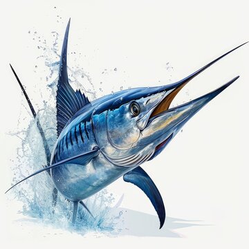 recommend clip art: Detailed illustration of a blue marlin swordfish jumping out of the ocean isolated on a white background, Generative AI