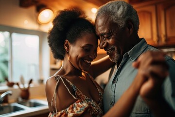Authentic moment of an African American retired couple sharing a dance in the kitchen, an embodiment of enduring love and romance, Generative AI