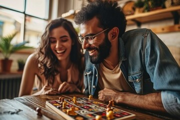 Cheerful couple engaged in a board game at home, experiencing joy and togetherness during leisure time, Generative AI