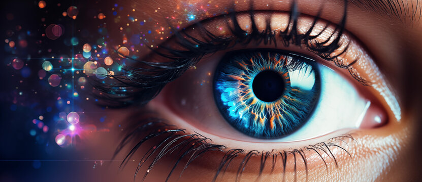 blue eye on a background with stars and lights
