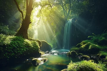 Wandcirkels tuinposter Peaceful forest oasis with a pond and soft waterfall and crepuscular rays, Generative AI © Divyesh