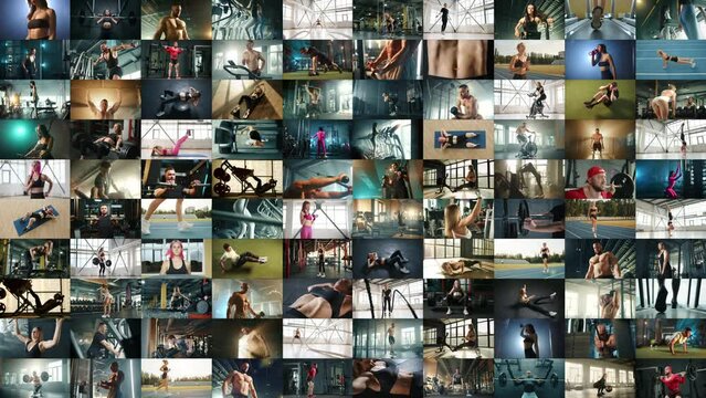 A captivating fast-paced visual stream, presenting hundreds of frames per second, each depicting a unique snapshot of individual athletic exercises and dedicated workout routines. 