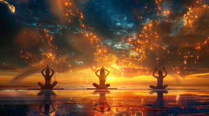 a group of people are practicing yoga in the water at sunset - obrazy, fototapety, plakaty