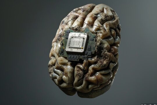 AI Brain Chip chip integration. Artificial Intelligence schwann cell mind axon membrane axon. Semiconductor wafer bonding circuit board orthopedic devices