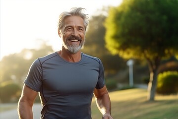 Fototapeta na wymiar Portrait of a happy senior man jogging in the park at sunrise