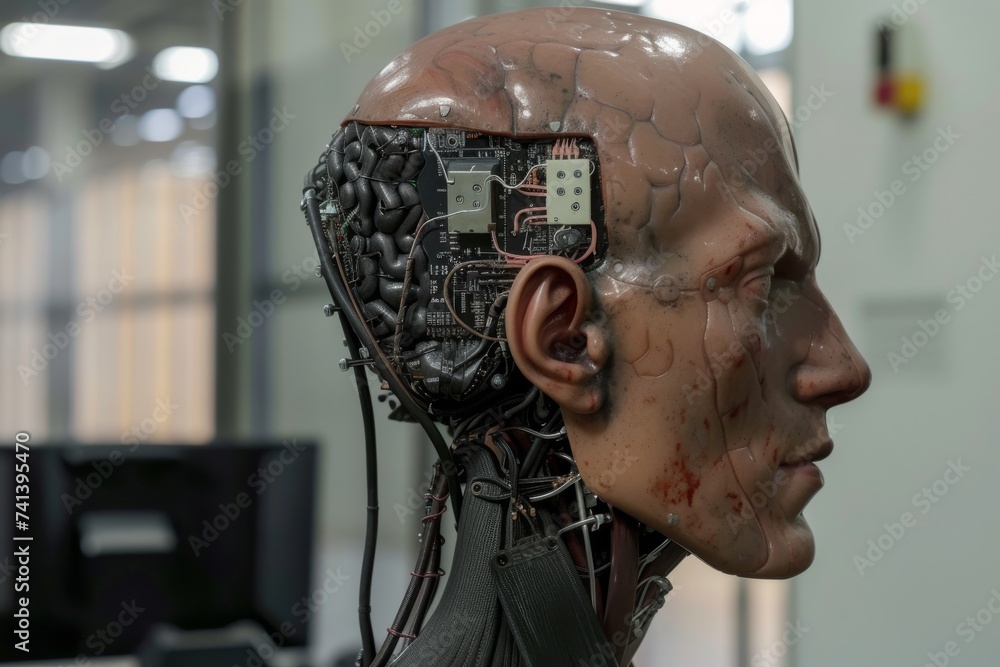 Poster ai brain chip cache hit. artificial intelligence brain network maturation mind neon indigo axon. sem