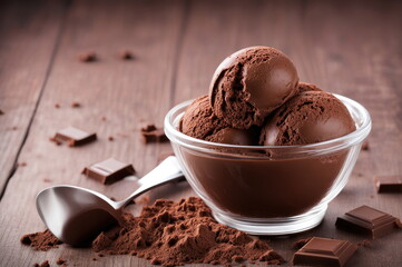 Chocolate Ice Cream in Bowl with Cocoa and Chocolate Pieces