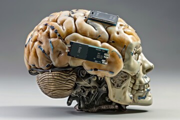AI Brain Chip brain. Artificial Intelligence neural feedback training mind sata axon. Semiconductor data processing performance circuit board frontal lobe - obrazy, fototapety, plakaty