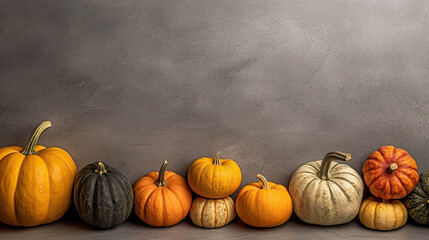 Naklejka na ściany i meble A group of pumpkins on a cement surface