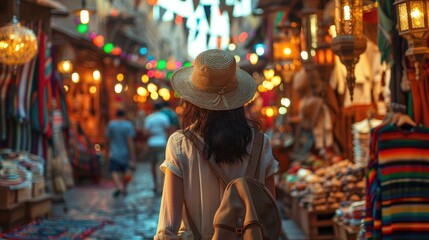 A woman strolling over a unique market street with a rucksack and hat. Generative Ai.