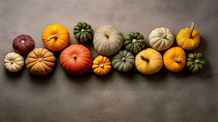 A group of pumpkins on a cement surface