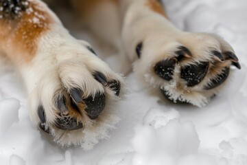 closeup of huskies paws in the snow showing claws