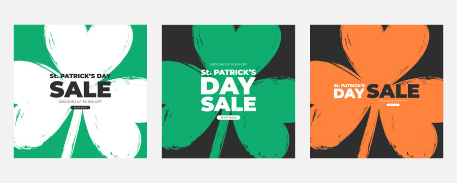 St. Patrick's Day Sale Set. Commercial backgrounds with brush stroke shamrock symbol for Paddy's Day season shopping promotion and sale advertising. Vector illustration.