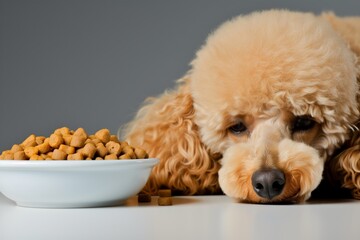 a sad poodle lying beside a bowl of untouched dog food