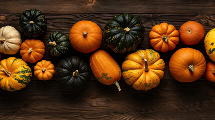 A group of pumpkins on a wood surface