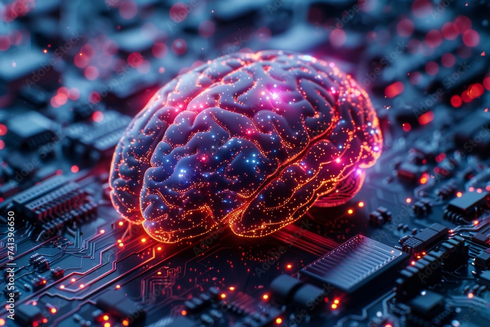 Poster ai brain chip digital evaluation. artificial intelligence creativity mind axon navigation axon. semi