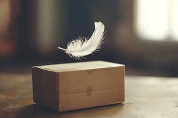 fluffy white feather, a symbol of hope and resilience, nestles comfortably in a vintage wooden box on a well-loved table - obrazy, fototapety, plakaty