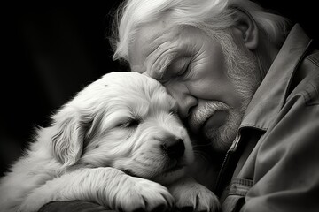 A heartwarming moment captured as a puppy receives comfort from a caring senior man. Black and white photography