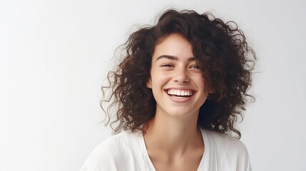 Universal photorealistic banner with a girl smiling with beautiful white teeth, close-up on a white plain background, close-up with space to insert text