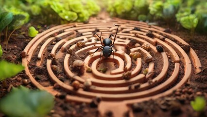 Ants forage for food within the rich soil of their habitat, surrounded by a lush backdrop of...
