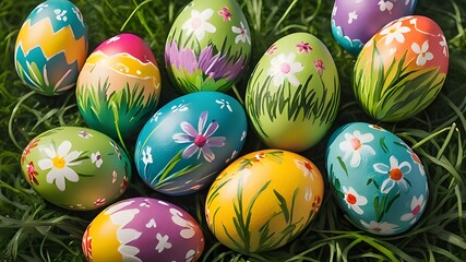 Fototapeta premium Colorful hand painted Easter eggs on grass. Banner, panoramic