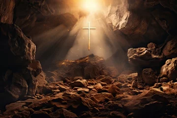 Deurstickers Wooden cross in sunlight in dark cave. Crucifixion and resurrection. Cross symbol for Jesus Christ is risen. Religion and Easter concept © ratatosk
