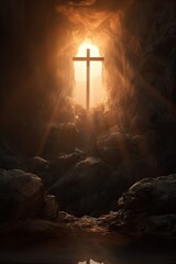 Wooden cross in sunlight in dark cave. Crucifixion and resurrection. Cross symbol for Jesus Christ is risen. Religion and Easter concept - obrazy, fototapety, plakaty