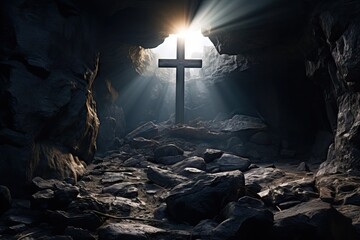 Wooden cross in sunlight in dark cave. Crucifixion and resurrection. Cross symbol for Jesus Christ is risen. Religion and Easter concept - obrazy, fototapety, plakaty