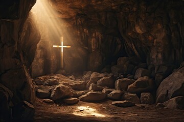 Wooden cross in sunlight in dark cave. Crucifixion and resurrection. Cross symbol for Jesus Christ is risen. Religion and Easter concept
