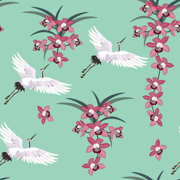 Seamless vector illustration with orchids and cranes