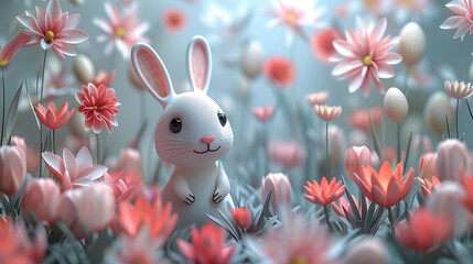 3D adorable Easter bunny figurines surrounded by colorful spring flowers and Easter eggs in a sunny field.