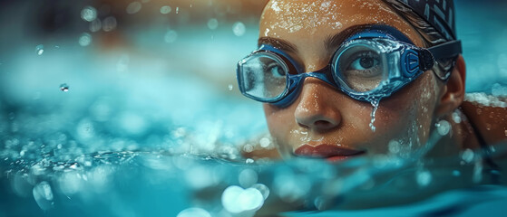 Young Swimmer Underwater, Focused on Her Technique During Training at a Local Swimming Pool in the Afternoon Light. Generative AI