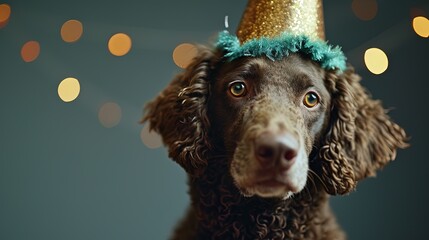 Brown dog in party hat celebrating birthday, holiday spirit