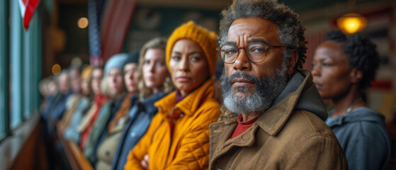 A Diverse Group of People Standing Together in an Indoor Setting, Showing Expressions of Concern and Contemplation in the Early Evening. Generative AI