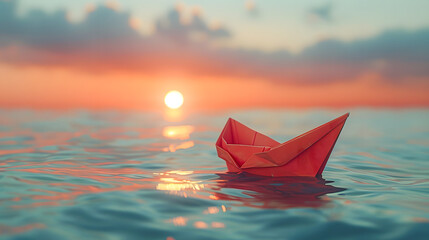 A toy paper boat floats peacefully on a serene sea, embodying a simple 3D concept.