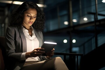 A businesswoman analyzing data on a tablet while seated in a minimalist, brightly lit office, focused and engaged.