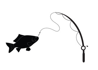 Flat black icon of fishing rods and fish on the hook, catch, hobby, sport, passion. Fishing and recreation. - 741398688