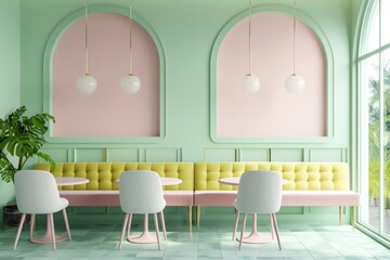 Vibrant Green Themed Cafe Interior with Pastel Seating and Modern Decor