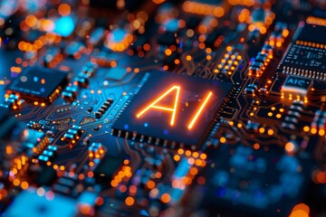 Fototapeta premium AI Brain Chip synaptic cleft. Artificial Intelligence tbi mind progressive axon. Semiconductor neurotransmitter vesicles circuit board default mode network