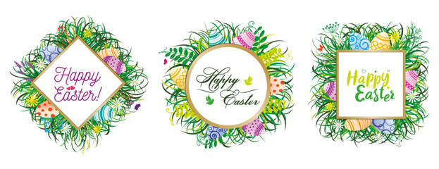 Easter borders decorated with herbs, flowers and Easter eggs. Frames with Easter eggs, twigs, daisies and birds. Happy Easter. Vector drawing.