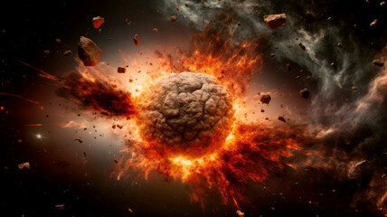 Explosion of the planet. Flying burning exoplanet. Collision with planet Earth. Asteroid in space.