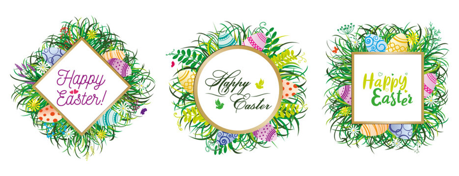 Easter borders decorated with herbs, flowers and Easter eggs. Frames with Easter eggs, twigs, daisies and birds. Happy Easter. Vector drawing.