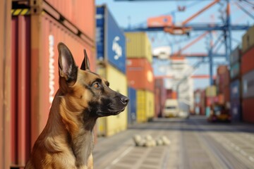 belgian malinois scanning cargo at a shipping port