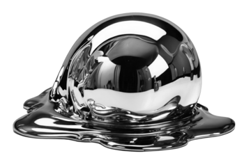 Chromed organic drop, metalized shiny spherical element isolated on transparent background, PNG image. Freeform, molten metal.