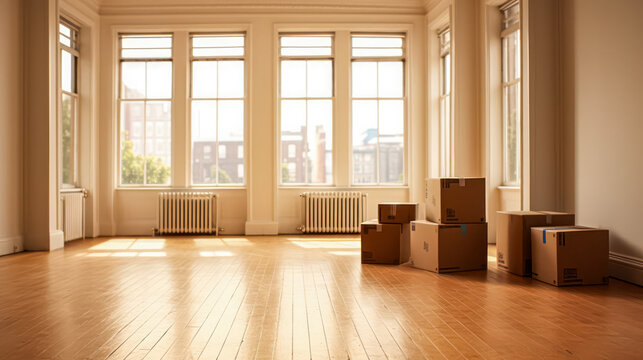 Cardboard boxes and household items indoors, ideal for moving day concepts.