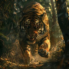 tiger running through the forest.