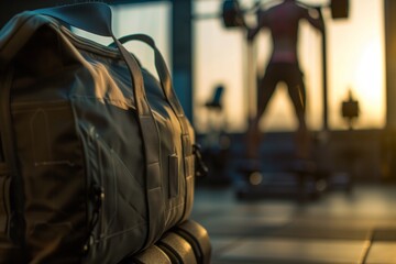 sports bag in foreground with blurred person lifting weights behind - obrazy, fototapety, plakaty